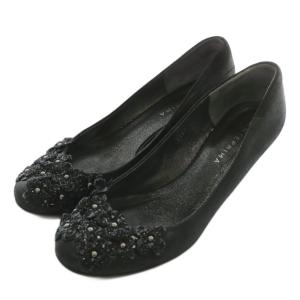 パンプス レザー ラウンドトゥ ウェッジソール 花 フラワー 24cm 黒 ブラック /XZ GY18