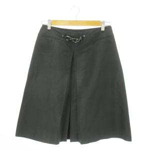 シルクスカート 台形 ひざ丈 タック ボックスプリーツ 絹 ワンポイントメタルパーツ ロゴ 38 M 黒