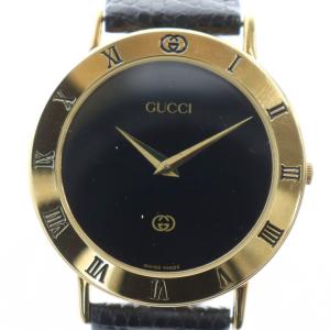 3000M 腕時計 クォーツ ローマン ラウンド レザーベルト 黒文字盤 ゴールドカラー