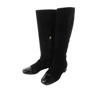 ロングブーツ スエード 切替 エナメル レザー 革 ローヒール スクエアトゥ 37 24.0cm 黒 ブラック