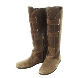 ロングブーツ スエード フラット ベルト ロゴ刺繍 37 24.0cm 茶 ブラウン /CK10 GY11
