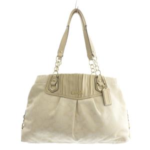 ハンドバッグ トート キャンバス レザー シグネチャー ラメ 総柄 ロゴ ゴールド金具 白 ホワイト F17645