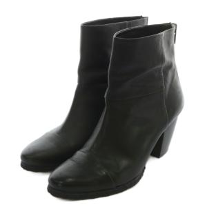 バックファスナー ショートブーツ 牛革 レザー ポインテッドトゥ チャンキーヒール 22.5cm 黒 ブラック