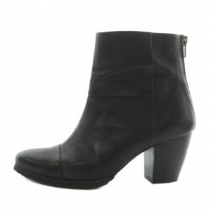 RABOKIGOSHI バックファスナー ショートブーツ 牛革 レザー ポインテッドトゥ チャンキーヒール 22.5cm 黒 ブラック