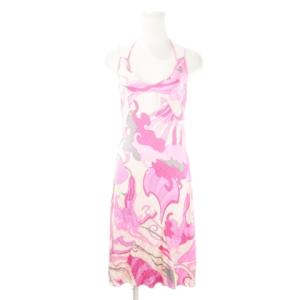 ワンピース キャミワンピ ひざ丈 シルク 絹 ストレッチ ロゴ 総柄 小さいサイズ 34 XS ピンク