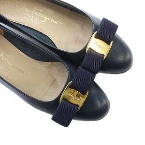 Salvatore Ferragamo パンプス シューズ 靴 リボン レザー 6 23.5cm ゴールド金具 紺 ネイビー GY18 /MQ