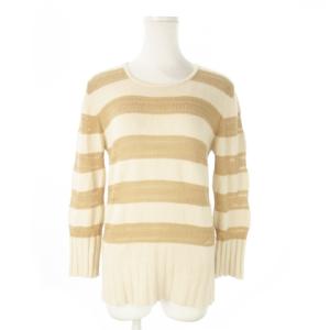 長袖ニット セーター ラウンドネック カシミヤ混 ボーダー 切替 透かし編み L ベージュ /AO21