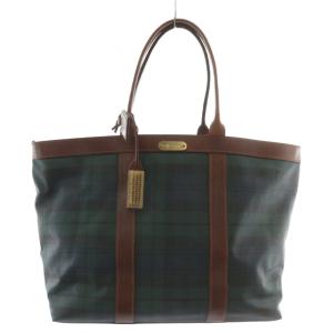 トートバッグ PVC レザー ブラックウォッチ 総柄 ロゴ ゴールド金具 緑 グリーン 紺 ネイビー /XZ