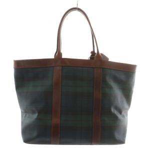 POLO RALPH LAUREN トートバッグ PVC レザー ブラックウォッチ 総柄 ロゴ ゴールド金具 緑 グリーン 紺 ネイビー /XZ