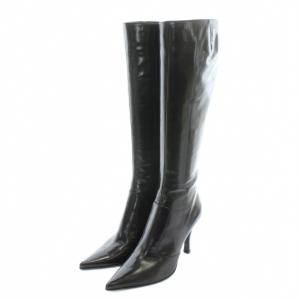 ロングブーツ レザー ポインテッドトゥ ハイヒール サイドジップ 34.5 22.5cm 黒 ブラック