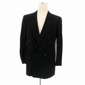 テーラードジャケット ダブル ミドル丈 ダイアゴナルストライプ柄 黒 ブラック オフホワイト /HO18