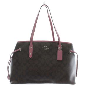 トートバッグ ワンショルダー PVC レザー シグネチャー 総柄 ロゴ シルバー金具 茶色 ブラウン ピンク