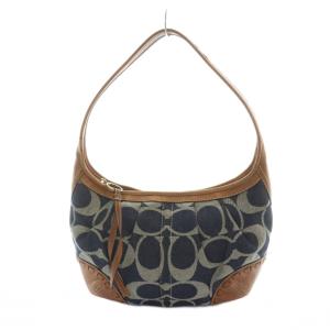 12748 ワンショルダーバッグ ハンド キャンバス レザー デニム シグネチャー ロゴ 茶 ブラウン