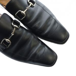 GUCCI ビジネスシューズ 革靴 ロゴ スクエアトゥ ホースビット レザー 43 28cm 黒 ブラック GY18