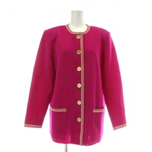 ヴィンテージ カーディガン ニット ジャケット ウール ノーカラー 肩パッド 金ボタン M ピンク /XZ
