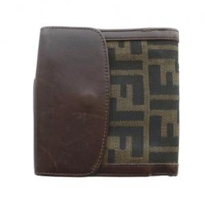 FENDI 二つ折り財布 ウォレット ロゴ レザー キャンバス ズッカ柄 茶 ブラウン GY11 /MQ OH