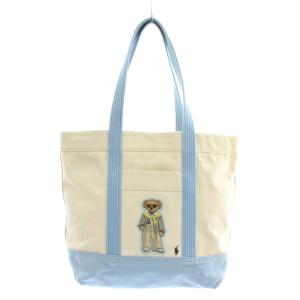 トートバッグ ワンショルダー キャンバス ポロベア ロゴ 刺繍 ワッペン アイボリー 水色 ライトブルー