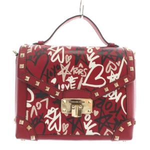 ハンドバッグ ショルダー 2WAY レザー ハンドペイント スタッズ 総柄 ロゴ ゴールド金具 赤 レッド