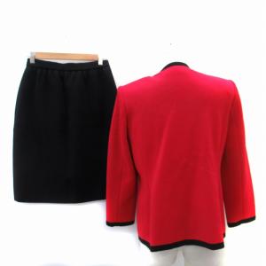 YVES SAINT LAURENT セットアップ 上下 ノーカラージャケット ミドル丈 タイトスカート ミモレ丈 M 赤 レッド 黒 ブラック