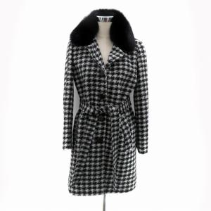 コート ロング丈 千鳥格子柄 フォックスファー リボンベルト付き ウール M 黒 ブラック オフホワイト