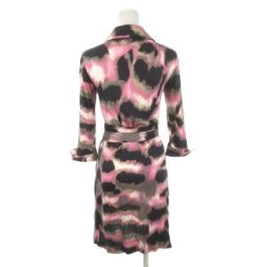 DIANE von FURSTENBERG カシュクールワンピース シルク 絹 ひざ丈 七分袖 襟付き リボン ストレッチ 総柄 4 S ピンク /AH8