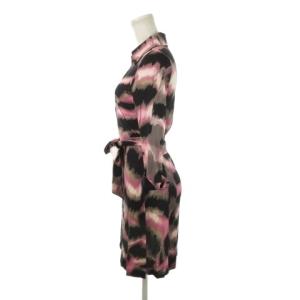 DIANE von FURSTENBERG カシュクールワンピース シルク 絹 ひざ丈 七分袖 襟付き リボン ストレッチ 総柄 4 S ピンク /AH8