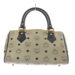 MCM ボストンバッグ ハンドバッグ レザー ヴィセトス ロゴ 総柄 白 黒 ホワイト ブラック /SR GY1
