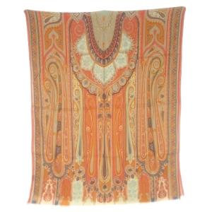 マフラー ストール フリンジ ウール シルク混 絹 ペイズリー 総柄 ロゴ オレンジ /CK19 GY17