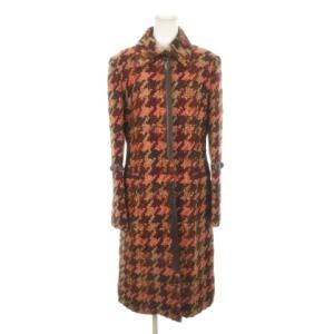 ステンカラーコート ツイード ロング 2 M 赤 レッド 比翼 ベルトデザイン チェック 千鳥格子柄 /MN23