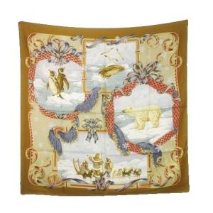 スカーフ シルク 絹 スクエア 北極 ペンギン クジラ クマ 犬ぞり リボン 雪の結晶 総柄 ベージュ