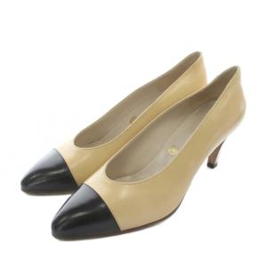 パンプス レザー ポインテッドトゥ ヒール バイカラー 35 22.5cm ベージュ 黒 ブラック /XZ