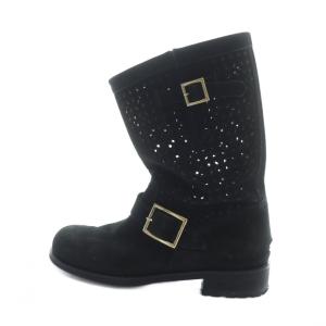 ショートブーツ エンジニア スエード ロゴ ベルト メッシュ 38.5 25.5cm 黒 ブラック GY18