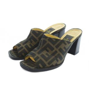 サンダル ミュール スクエアトゥ ロゴ ズッカ柄 ヒール オープントゥ 35.5 22.5cm 茶 ブラウン