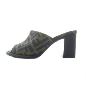 FENDI サンダル ミュール スクエアトゥ ロゴ ズッカ柄 ヒール オープントゥ 35.5 22.5cm 茶 ブラウン