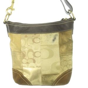 COACH F10387 ショルダーバッグ レザー 本革 ブラウン ゴールドカラー ベージュ パッチワーク シグネチャー柄