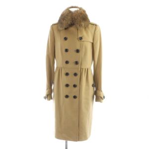 トレンチコート ウール カシミヤ混 ダブル フォックスファー ロング 長袖 総裏地 38 S ベージュ