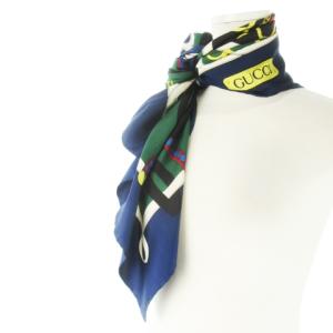 GUCCI スカーフ 絹 シルク 緑 グリーン 紺 ネイビー ロゴ ベルト 総柄 /CK37 GY18