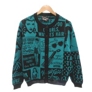 BOUTIQUE カーディガン ニット 長袖 クルーネック 総柄 ウール 黒 ブラック 青 ブルー /AE