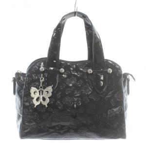 ハンドバッグ エナメル 蝶々 型押し 総柄 チャーム 黒 ブラック /XZ GY18