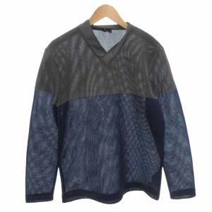 カットソー Tシャツ ロンT L 青 ブルー グレー Vネック 長袖 メッシュ /FF GY18