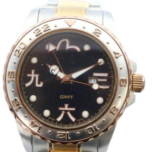 EV-7009 GMT 腕時計 クォーツ 黒文字盤 デイト カレンダー付き シルバーカラー