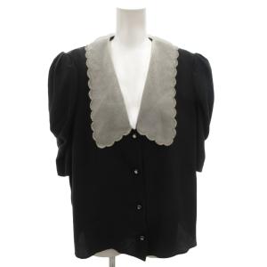 ブラウス シャツ 絹 シルク 38 黒 ブラック スカラップ襟 パフスリーブ ビジュー 半袖 /FF GY18