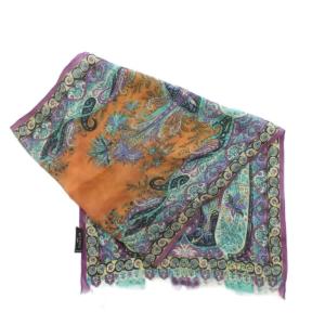 ETRO ストール 絹 シルク ペイズリー柄 総柄 フリンジ ロゴ マルチカラー /XZ GY18