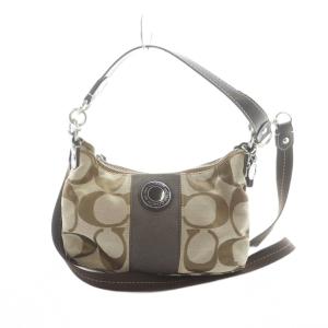 F19218 ショルダーバッグ ハンド 2WAY キャンバス レザー ロゴ シグネチャー 茶 ブラウン