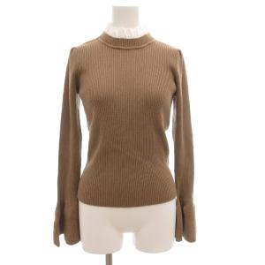 リブニット セーター 長袖 プルオーバー フリルカラー付 袖フレア 36 茶 ブラウン 白 ホワイト /GV