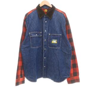 Scout Shirt デニムパネル スカウトシャツ バッファローチェック柄 ロゴ刺繍 XXL インディゴブルー