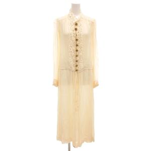 ワンピース ロング 長袖 金ボタン フラワーモチーフ カットレース 切替 白 ホワイト /GV GY18