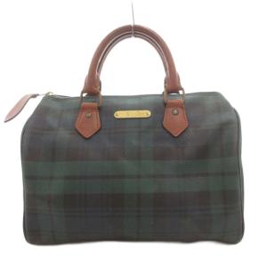 ミニボストン ハンドバッグ ブラックウォッチ PVC レザー ロゴプレート 紺 ネイビー 緑 グリーン