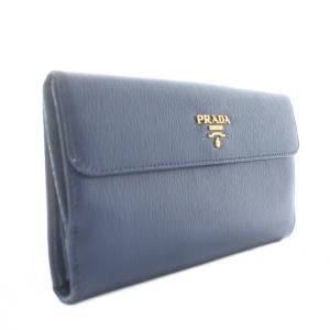 PRADA 長財布 三つ折り 牛革 サフィアーノレザー Wホック ロゴ ゴールド金具 紺 ネイビー /XZ OH GY11