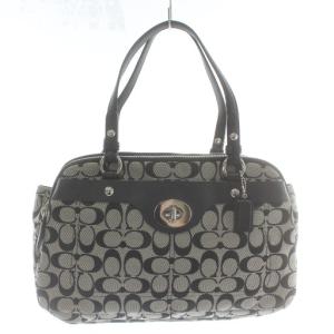ハンドバッグ トート キャンバス レザー シグネチャー 総柄 グレー 黒 ブラック F16542 /XZ